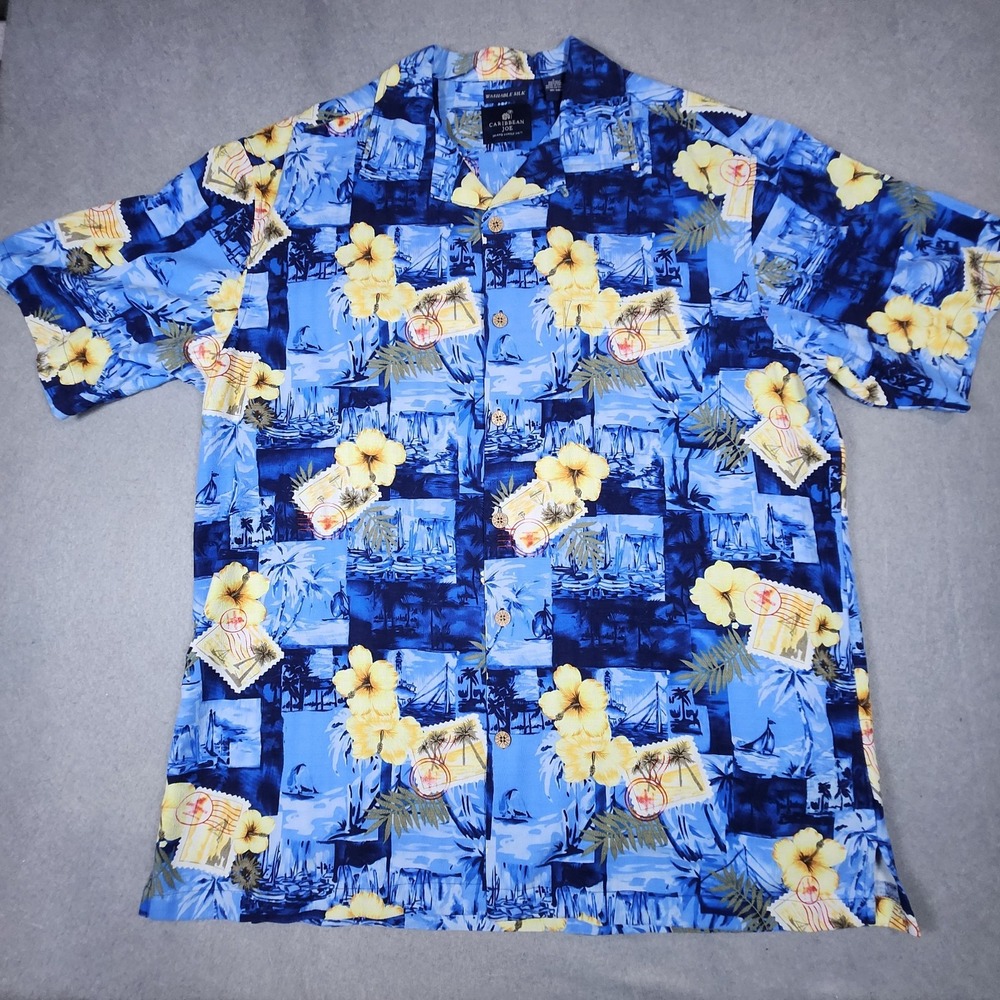 Hawaiian Button Shirt Mens L Silk Blue‎ Tropical Florial Sail Boats Beachwear